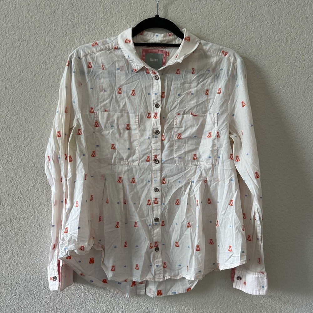 Anthropologie White Button-Down Shirt with Red and Blue Print